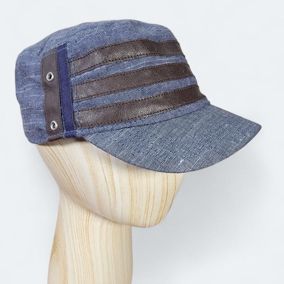 Cremieux Cadet Cap Women's Size M / L Blue Chambray Denim and Brown Faux Leather - Picture 16 of 16